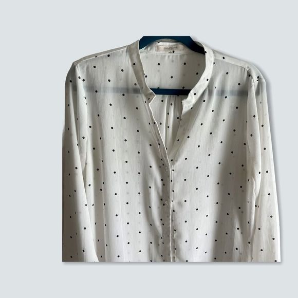 Sheer White button down blouse with polka dots L - Picture 2 of 8
